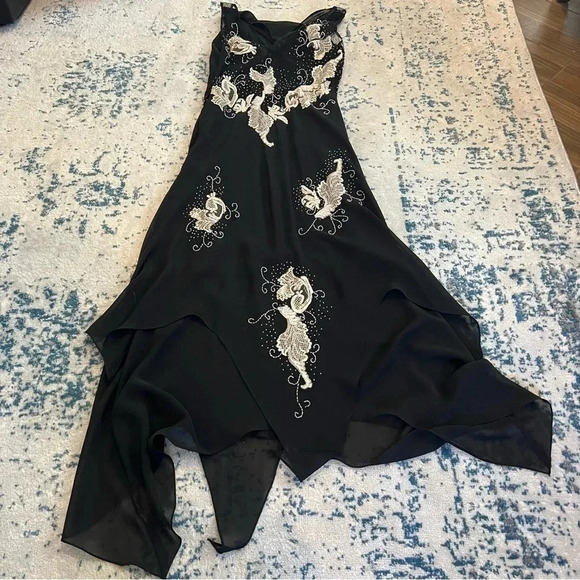 Dark Fairy Wimsy Goth Black Beaded lined gown size small raw hem sheer - Picture 7 of 14